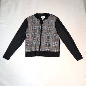 Pendleton Black & Tan Houndstooth Plaid Full Zip Cardigan‎ Sweater Womens Large